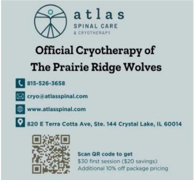 Atlas Spinal Care & Cryotherapy — official cryotherapy of the Prairie Ridge Wolves. 820 E Terra Cotta Ave Ste 144, Crystal Lake.