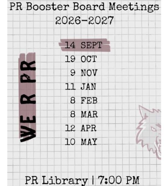 PR Booster board meetings 2026–2027: Sept 14, Oct 19, Nov 9, Jan 11, Feb 8, Mar 8, Apr 12, May 10. PR Library, 7:00 PM