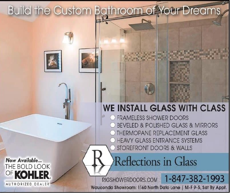 Reflections in Glass — frameless shower doors, mirrors, glass entrances. Wauconda showroom, 1-847-382-1993