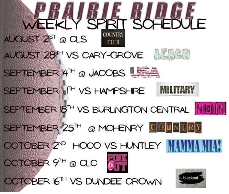 Prairie Ridge weekly spirit schedule: Aug 21 Country Club, Aug 28 Beach, Sep 4 USA, Sep 11 Military, Sep 18 Neon, Sep 25 Country, Oct 2 Mamma Mia!, Oct 9 Pink Out, Oct 16 Blackout