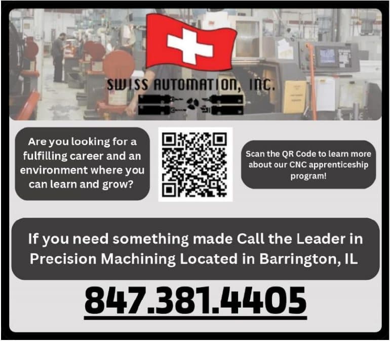 Swiss Automation — the leader in precision machining, Barrington IL. Ask about the CNC apprenticeship program. 847.381.4405