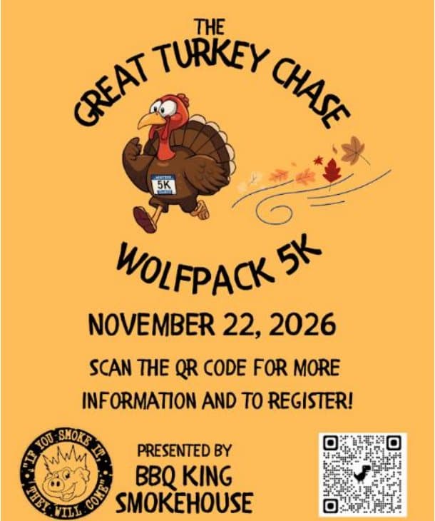 The Great Turkey Chase Wolfpack 5K, November 22, 2026, presented by BBQ King Smokehouse